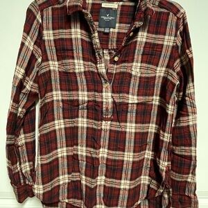 American Eagle Womens Popover Flannel Boyfriend Fit Top Size M Red Plaid Button